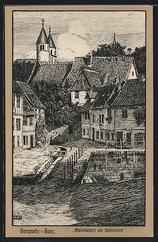 Künstler-AK Gernrode, Malerwinkel am Spittelteich