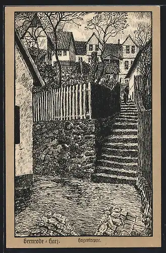 Künstler-AK Gernrode, Partie an der Hagentreppe