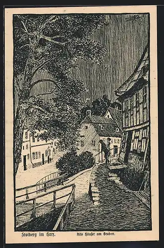 Künstler-AK Stolberg im Harz, Alte Häuser am Graben
