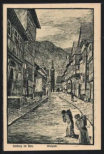 Künstler-AK Stolberg im Harz, Rittergasse mit Passanten