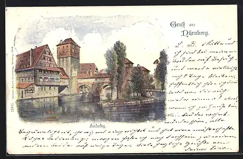 Lithographie Nürnberg, Henkersteg mit Bäumen