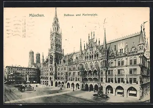 AK München, Marienplatz mit Rathaus und Fischerbrunnen