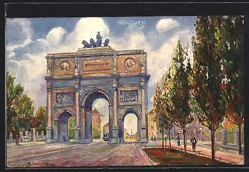 Künstler-AK München, Strassenpartie mit Siegestor und Strassenbahn