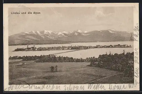 AK Lindau, Ortsansicht mit den Alpen