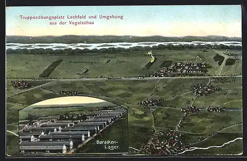 AK Lager Lechfeld, Truppenübungsplatz mit Graben, Kloster Lechfeld und Bahnhof Kloster, Barackenlager