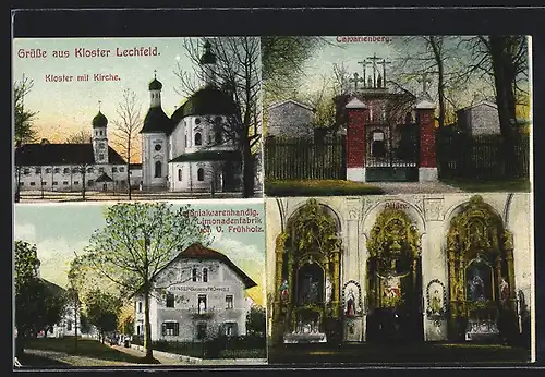AK Lechfeld, Kloster mit Kirche, Kolonialwarenhandlung & Limonadenfabrik v. V. Frühholz