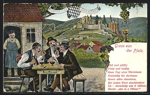 Künstler-AK Pfalz, Männer im Garten des Gasthauses, Im Hintergrund Burg
