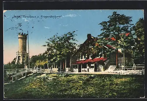 AK Jena, Blick auf das Forsthaus und das Kriegerdenkmal