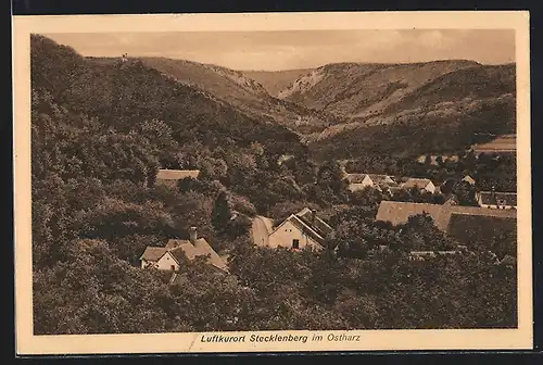 AK Stecklenberg im Ostharz, Ortsansicht mit Bergen und Wohnhäusern