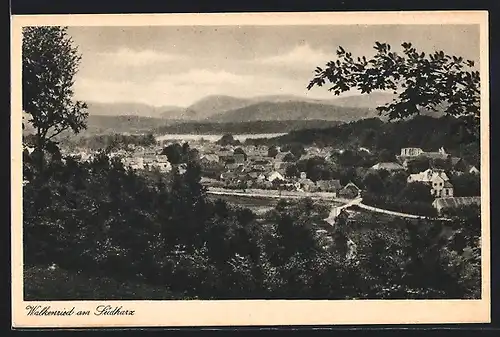 AK Walkenried am Südharz, Ortsansicht mit Wohnhäusern und Bergen