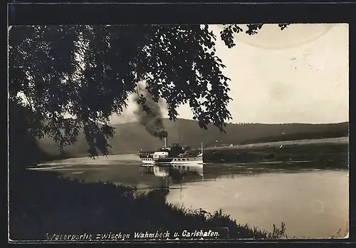 AK Carlshafen, Wasserpartie zwischen Wahmbeck u. Carlshafen mit Dampfschiff