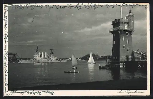 AK Kiel, Am Signalturm mit Segelbooten und Kriegsschiff