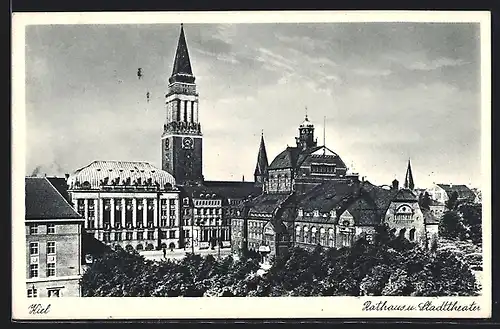 AK Kiel, Rathaus und Stadtheater aus der Vogelschau