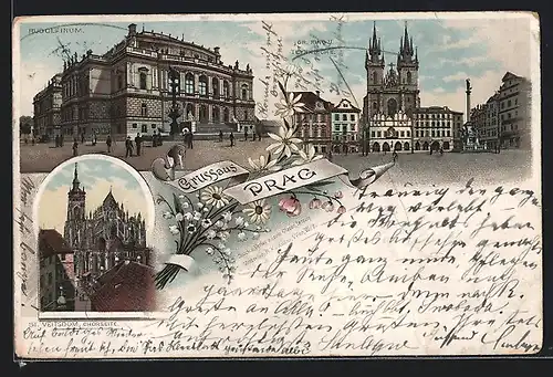 Lithographie Prag / Praha, St. Veitsdom, Gr. Ring und Teynkirche, Rudolfinum