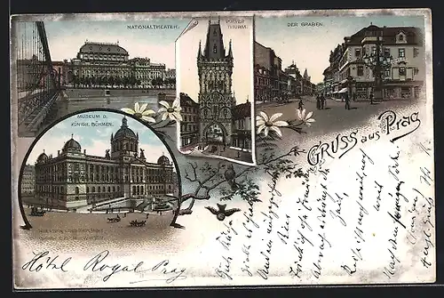 Lithographie Prag / Praha, Der Graben, Pulverturm & Nationaltheater