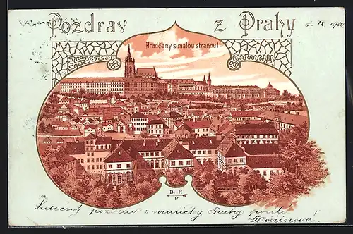 Lithographie Prag / Praha, Hradschin mit Kleinseite aus der Vogelschau