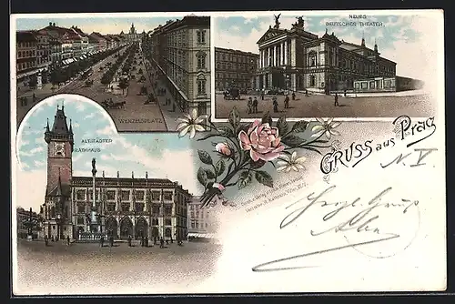 Vorläufer-Lithographie Prag / Praha, 1895, Neues Deutsches Theater, Altes Rathaus, Wenzelsplatz