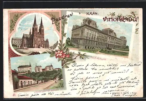 Lithographie Prag / Praha-Král. Vinohradu, Ceská Realka, Chrám sv. Ludmily, Unuselských Schodu