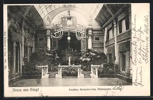 AK Prag / Praha, Deutsches Studentenheim, Wintergarten dekoriert, Innenansicht