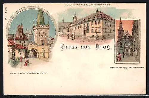 Lithographie Prag / Praha, Kapelle der Ital. Congregation, Waisen-Institut der Ital. Congregation