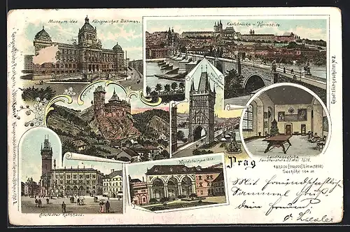 Lithographie Prag / Praha, Altstädter Rathhaus, Waldsteinpalast, Karlstein