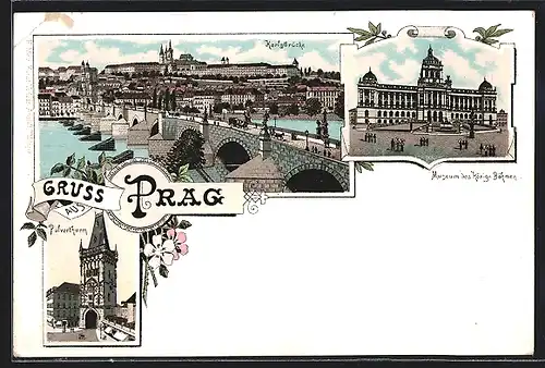 Lithographie Prag / Praha, Blick auf Karlsbrücke, Pulverturm und Museum des Königr. Böhmen