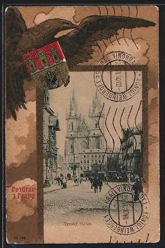 AK Prag / Praha, Tynský chrám, Adler und Wappen, Passepartout