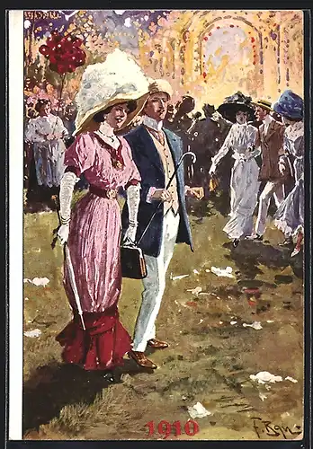 Künstler-AK Fritz Bergen: München, Jubiläums-Oktoberfest 1910, Pärchen auf der Festwiese