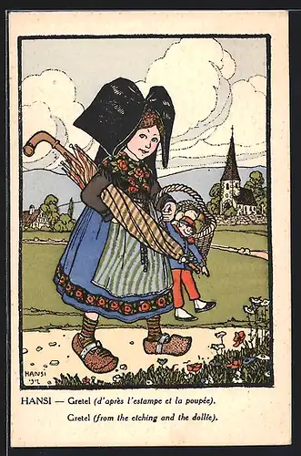 Künstler-AK Hansi: Gretel mit einer Puppe an der Hand