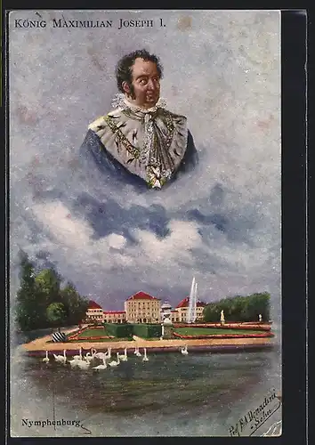Künstler-AK Ermenegildo Antonio Donadini: München, Schloss Nymphenburg mit König Maximilian Joseph I. von Bayern