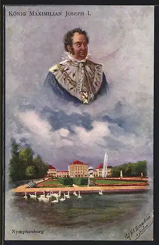 Künstler-AK Ermenegildo Antonio Donadini: München, Schloss Nymphenburg mit König Maximilian Joseph I. von Bayern