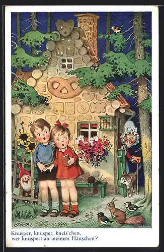 Künstler-AK Fritz Baumgarten: Hänsel und Gretel am Hexenhaus, Eichhörnchen und Zwerg