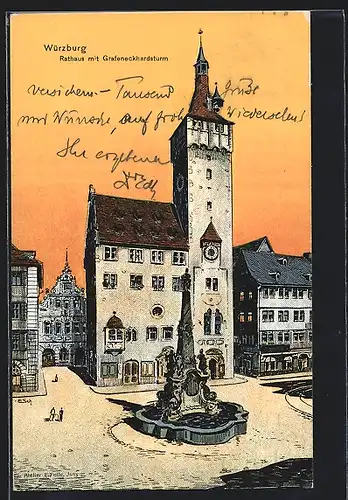 Künstler-AK Eugen Felle: Würzburg, Rathaus mit Grafeneckhardsturm