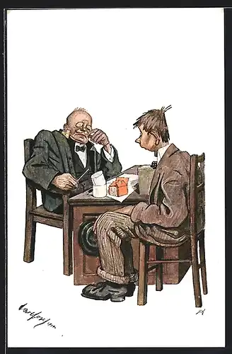 Künstler-AK Carl Josef Pollak: Zwei Männer am Tisch im Gespräch