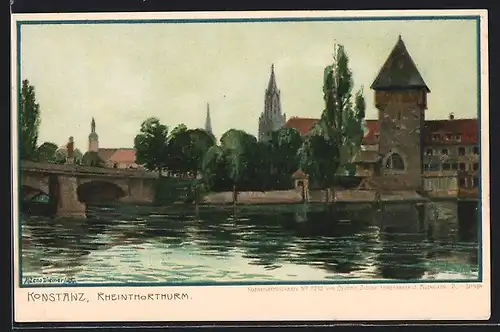 Künstler-AK Zeno Diemer: Konstanz, Rheintorturm und Brücke im Sommer