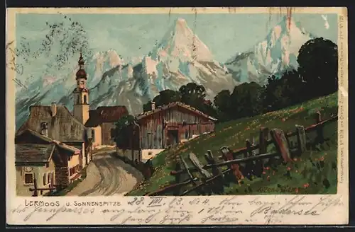 Künstler-Lithographie Zeno Diemer: Lermoos, Ortsansicht mit der Sonnenspitze