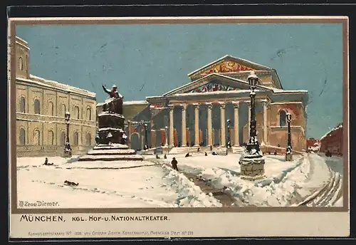 Künstler-AK Zeno Diemer: München, Königliches Hof- und Nationaltheater mit Denkmal im Schnee