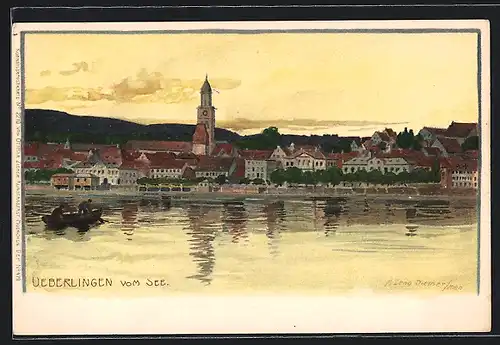 Künstler-AK Zeno Diemer: Überlingen, Blick vom See auf den Ort, Abendstimmung