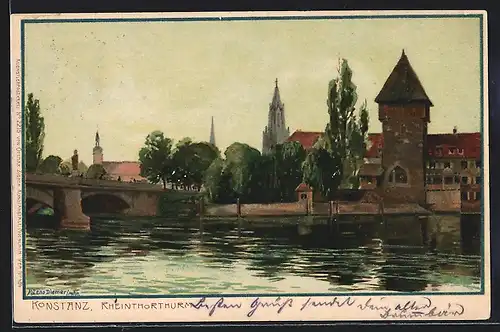 Künstler-Lithographie Zeno Diemer: Konstanz, Rheinthorturm