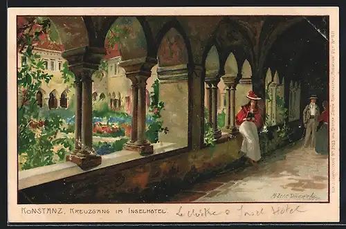 Künstler-Lithographie Zeno Diemer: Konstanz, Kreuzgang im Inselhôtel