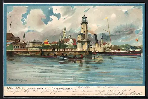 Künstler-AK Zeno Diemer: Konstanz, Leuchtturm und Hafeneinfahrt