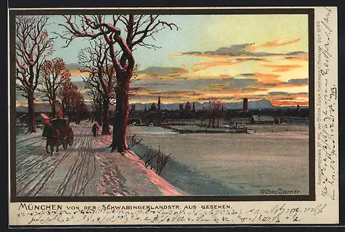 Künstler-AK Zeno Diemer: München, Ortsansicht von der Schwabingerlandstrasse aus, Kutsche im Schnee