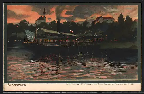 Künstler-AK Zeno Diemer: Starnberg, Uferpartie und Dampfer bei Sonnenuntergang