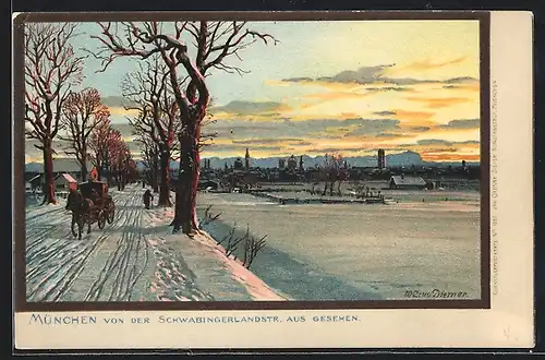 Künstler-AK Zeno Diemer: München, Ortsansicht von der Schwabingerlandstrasse aus, mit Kutsche im Schnee