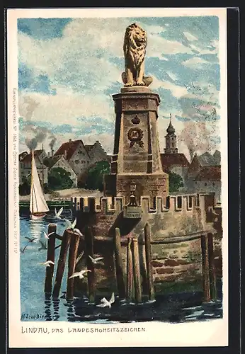 Künstler-AK Zeno Diemer: Lindau, Steinerner Löwe, das Landeshoheitszeichen, vor Stadtpanorama