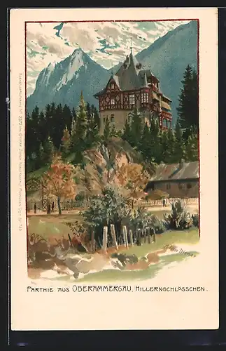 Lithographie Oberammergau, Blick zum Hillernschlösschen