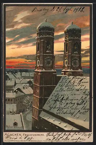 Künstler-AK Zeno Diemer: München, Frauenkirche im Licht der untergehenden Wintersonne