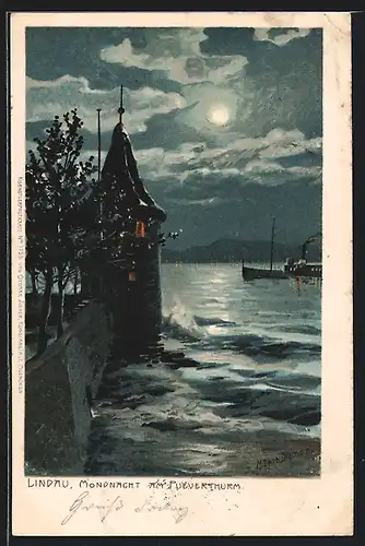 Künstler-Lithographie Zeno Diemer: Lindau, Mondnacht am Pulverturm, Dampfer