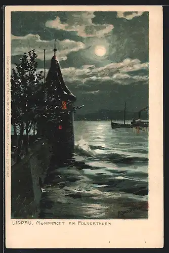 Künstler-Lithographie Zeno Diemer: Lindau, Mondnacht am Pulverturm, Dampfer