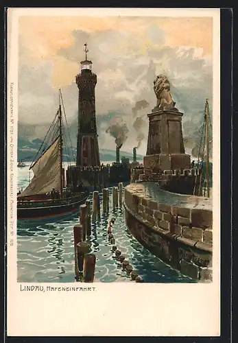 Künstler-AK Zeno Diemer: Lindau, Hafeneinfahrt mit Segelbooten